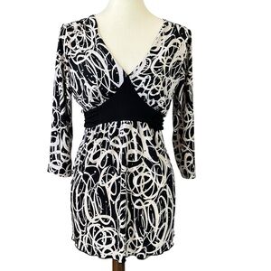 VTG Y2K Cocomo Womens Baby Doll Top Black & Beige Swirl Print Tie Back Tunic